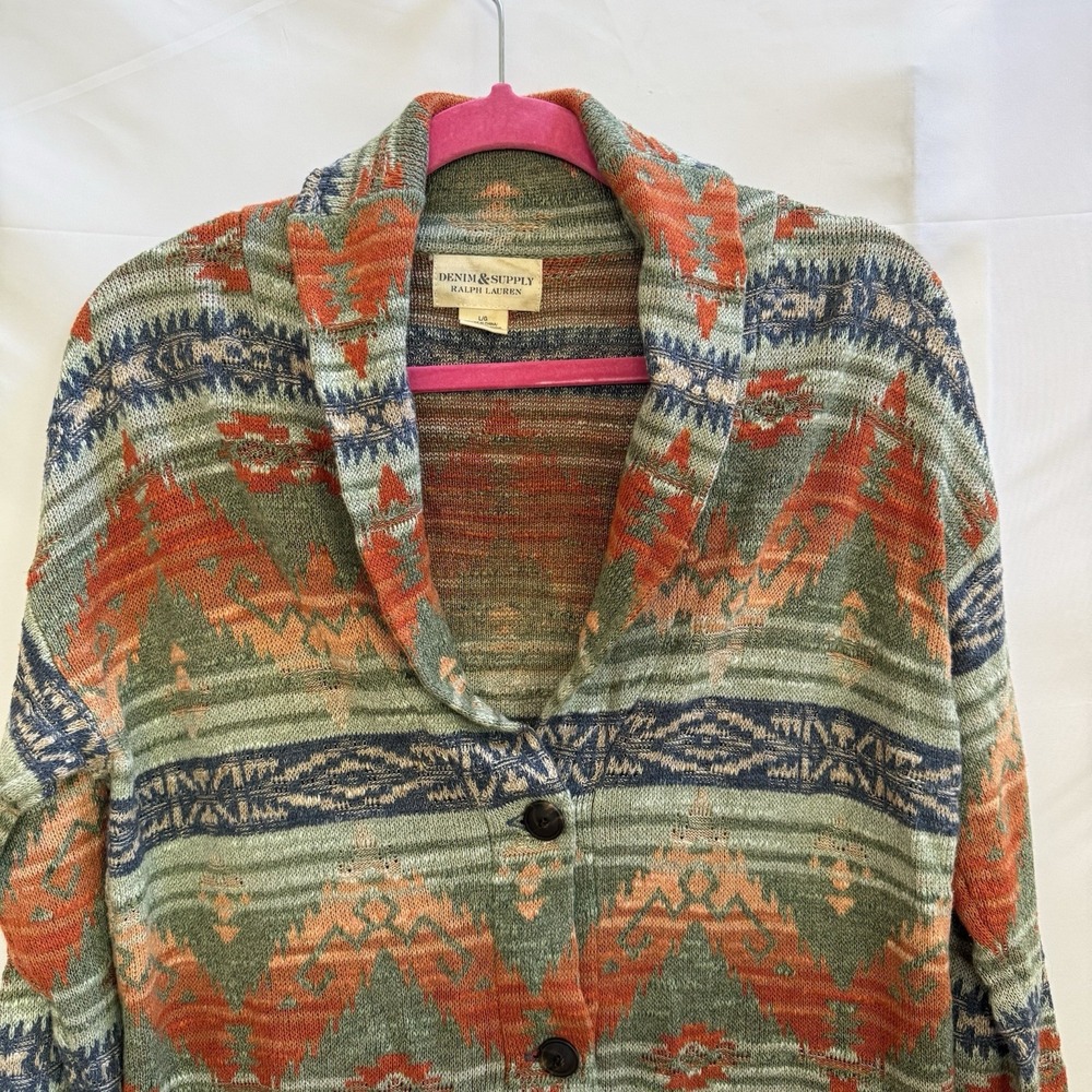 Vintage Ralph Lauren Denim Supply Women Aztec Button Up Cardigan SZ-large Shawl - Picture 2 of 9